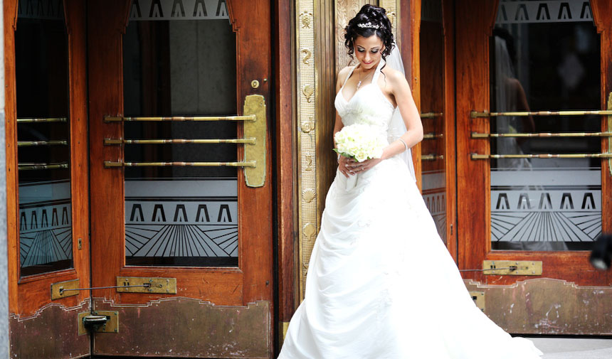 Vancouver wedding photography - bride in front of Marine Building downtown